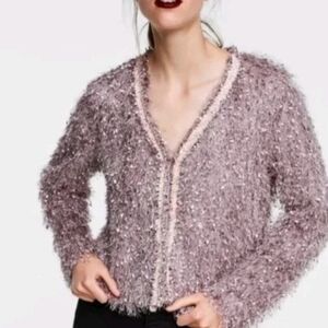 Zara Purple-Gray Fringe Ribbon Trim V-Neck Long Sleeve Lined Jacket